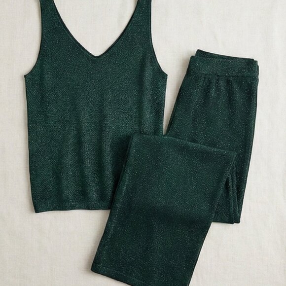 Emerald Green Shimmer Knit Two-Piece Co-ord Set (V-Neck Tank & Wide Leg Pants) - Picture 1 of 4
